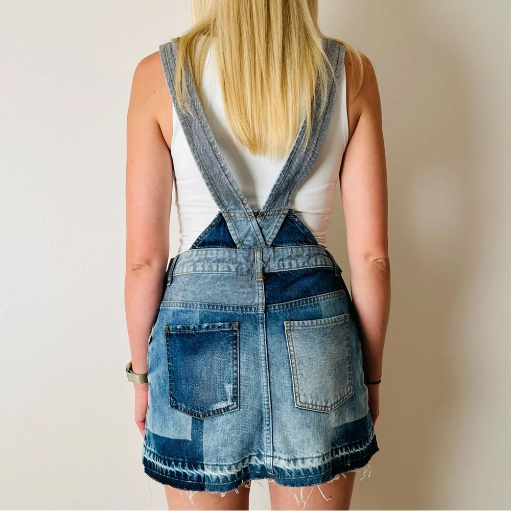 Free People Patchwork Blues Blue Denim Pinafore Overall Jean boho mini Dress - Picture 9 of 13